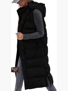 Long Puffer Vest Women Quilted Hooded Button Down Zip Up Sleeveless Padded